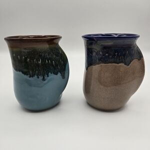 Neher Pottery Set Of 2 Hand Warmer Mugs Cups Drip Glazed Hand Thrown Signed 2015